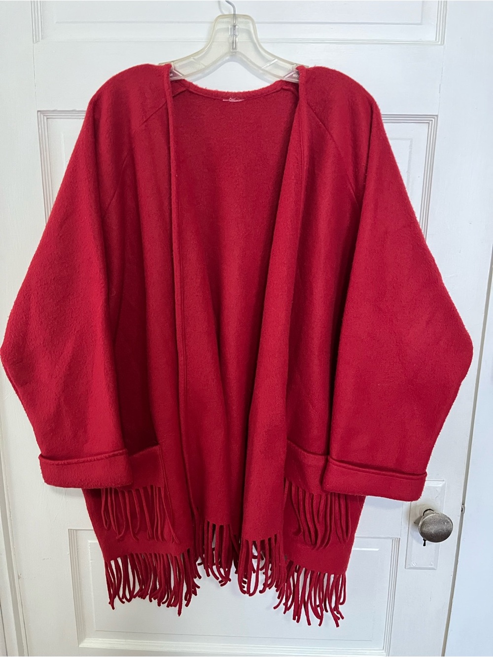 Red Open-Front Fringe Fleece Hem Women's Sweater OS